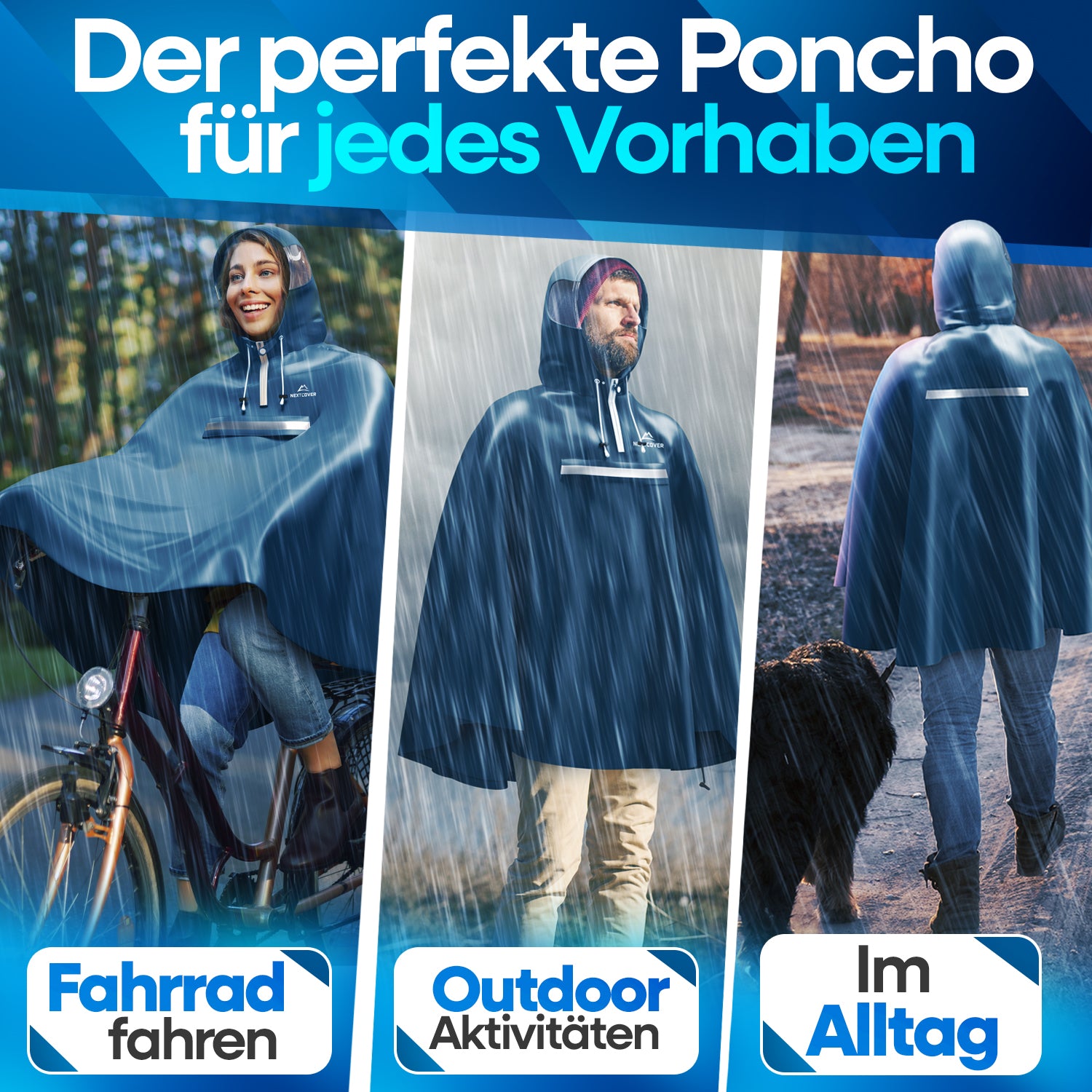 Dunkelblauer Nextcover Regenponcho mit Kapuze und reflektierendem Streifen, ideal für Fahrradfahren, Outdoor-Aktivitäten und den Alltag bei Regen.