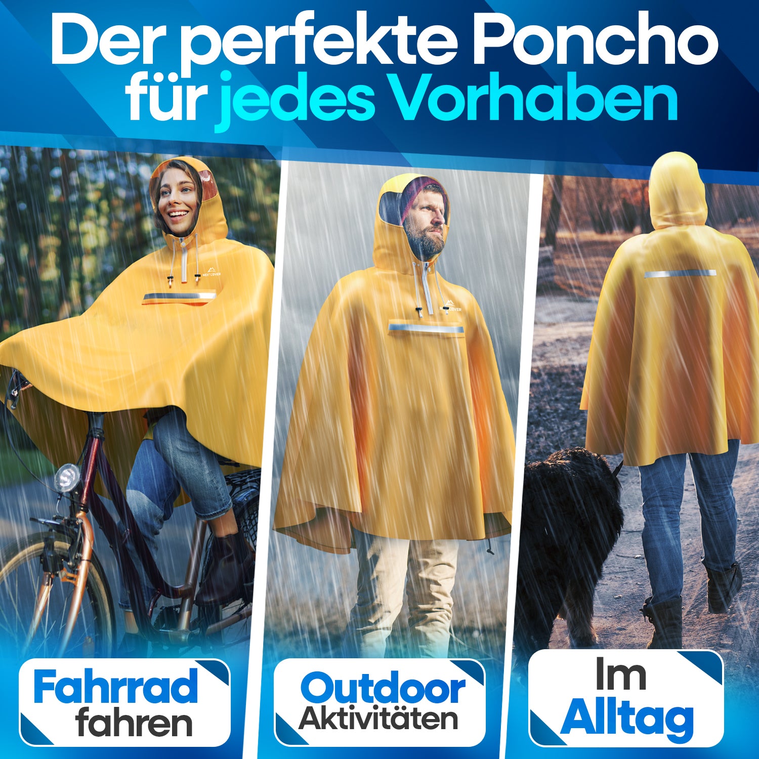 Gelber Nextcover Regenponcho mit Kapuze und reflektierendem Streifen, ideal für Fahrradfahren, Outdoor-Aktivitäten und den Alltag bei Regen.