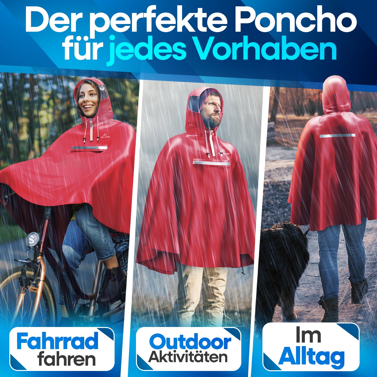 Roter Nextcover Regenponcho mit Kapuze und reflektierendem Streifen, ideal für Fahrradfahren, Outdoor-Aktivitäten und den Alltag bei Regen.