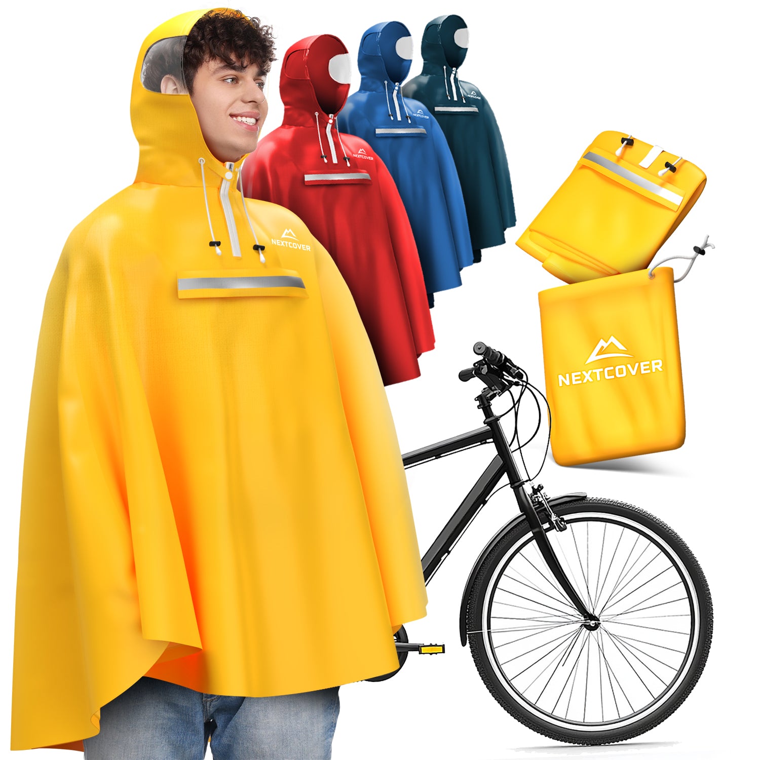 Gelber Nextcover-Fahrradregenponcho mit Kapuze und reflektierendem Streifen, dargestellt in verschiedenen Farben neben einem Fahrrad und passender Transporttasche.