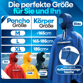 Nextcover Regenponcho-Größentabelle (M, L, XL) für Damen und Herren mit passender Aufbewahrungstasche, erhältlich in Gelb, Rot, Blau und Dunkelblau für Körpergrößen unter 165 cm bis über 185 cm.