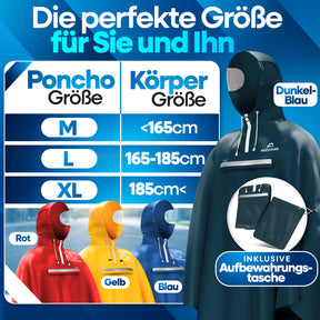 Nextcover Regenponcho-Größentabelle (M, L, XL) für Damen und Herren mit passender Aufbewahrungstasche, erhältlich in Gelb, Rot, Blau und Dunkelblau für Körpergrößen unter 165 cm bis über 185 cm.