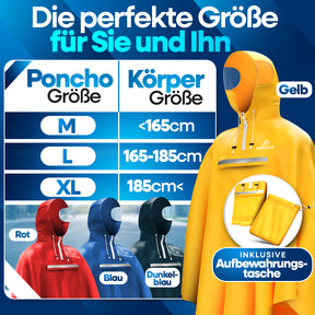 Nextcover Regenponcho-Größentabelle (M, L, XL) für Damen und Herren mit passender Aufbewahrungstasche, erhältlich in Gelb, Rot, Blau und Dunkelblau für Körpergrößen unter 165 cm bis über 185 cm.