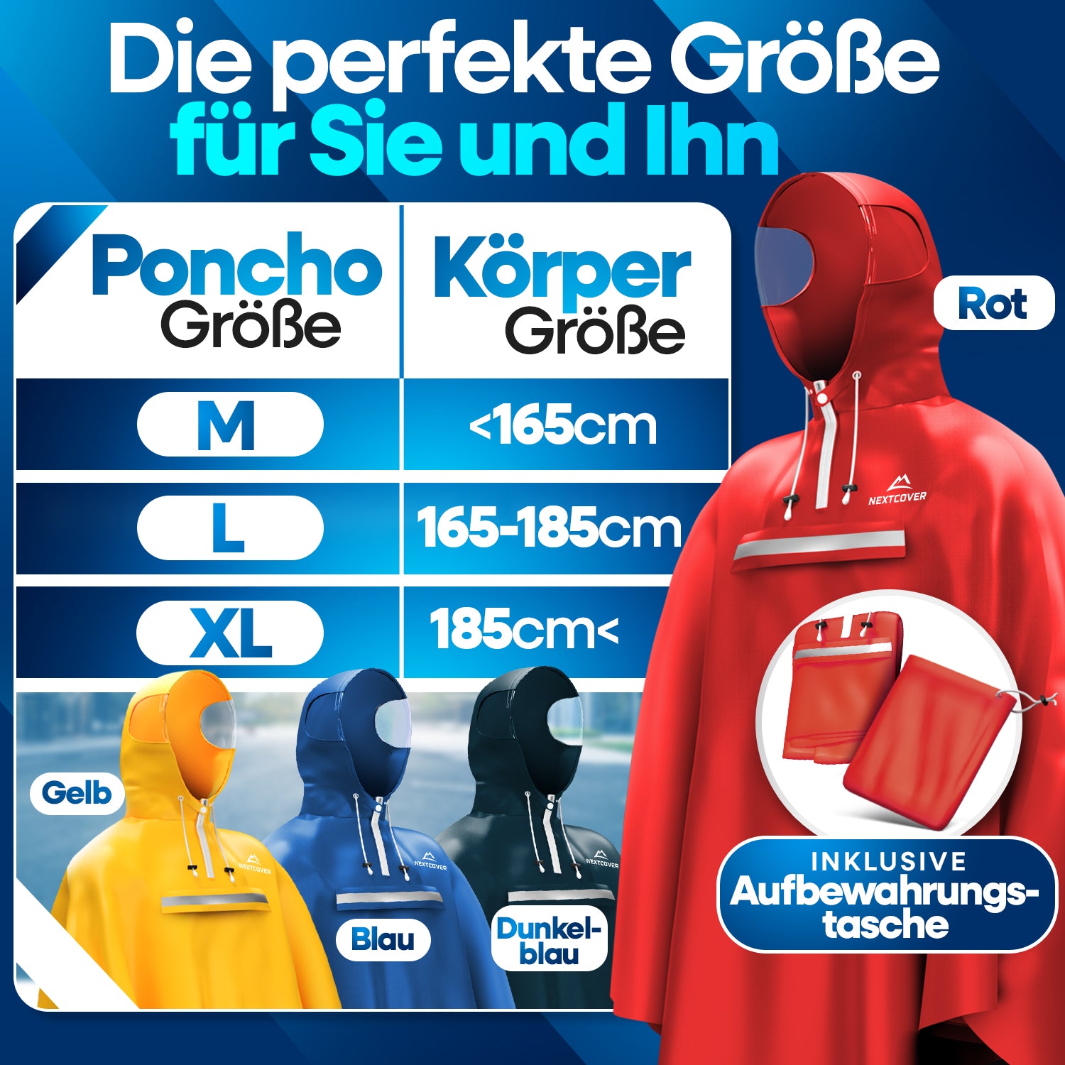 Nextcover Regenponcho-Größentabelle (M, L, XL) für Damen und Herren mit passender Aufbewahrungstasche, erhältlich in Gelb, Rot, Blau und Dunkelblau für Körpergrößen unter 165 cm bis über 185 cm.