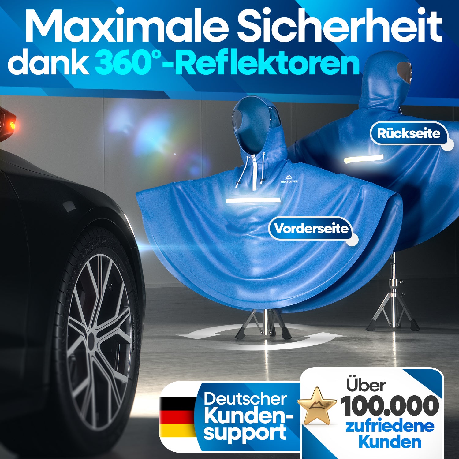 Blauer Nextcover Regenponcho mit 360-Grad-Reflektoren für maximale Sichtbarkeit, deutschem Kundensupport und über 100.000 zufriedenen Kunden.