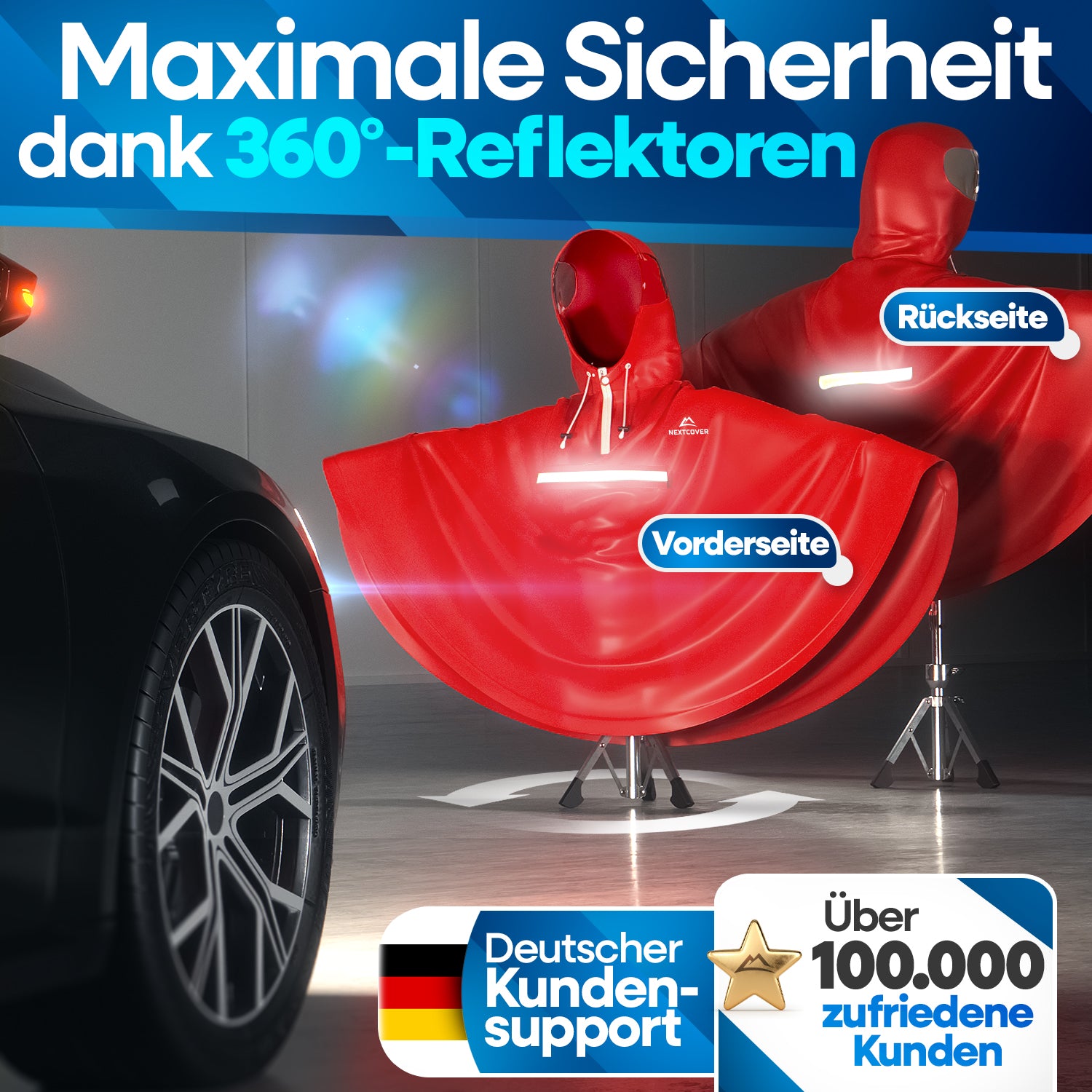 Roter Nextcover Regenponcho mit 360-Grad-Reflektoren für maximale Sichtbarkeit, deutschem Kundensupport und über 100.000 zufriedenen Kunden.