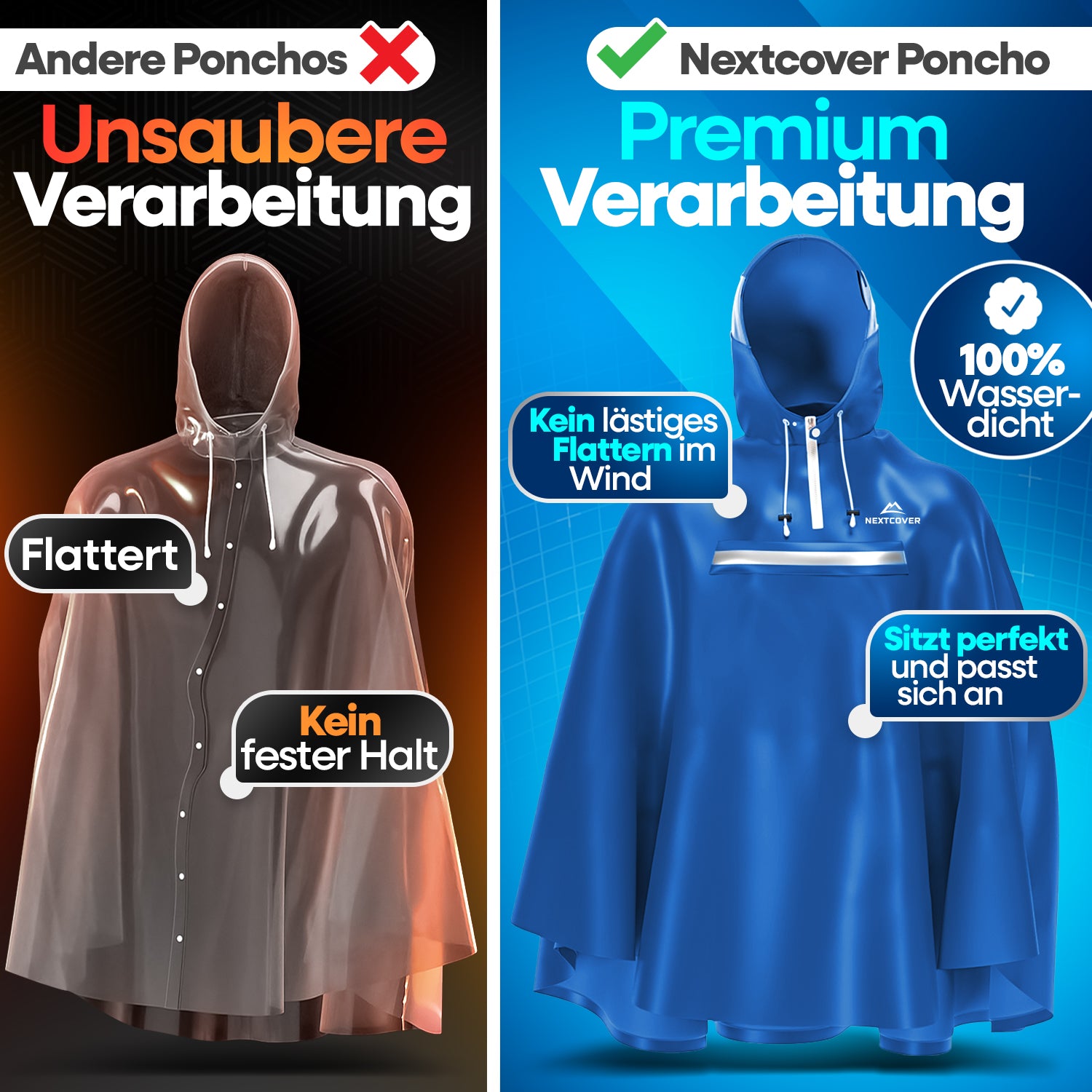 Vergleich eines minderwertigen, flatternden Ponchos (links) mit dem hochwertigen Nextcover Regenponcho (rechts) in Premium-Verarbeitung, 100 % wasserdicht und optimalem Sitz ohne Flattern.