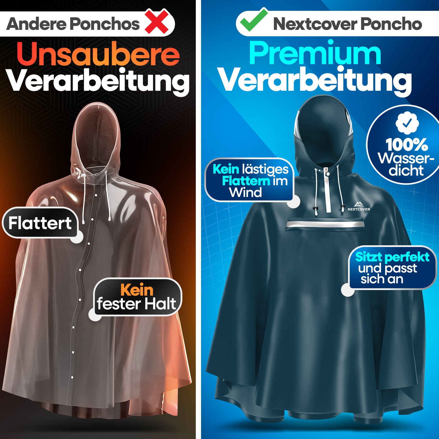 Vergleich eines minderwertigen, flatternden Ponchos (links) mit dem hochwertigen Nextcover Regenponcho (rechts) in Premium-Verarbeitung, 100 % wasserdicht und optimalem Sitz ohne Flattern.