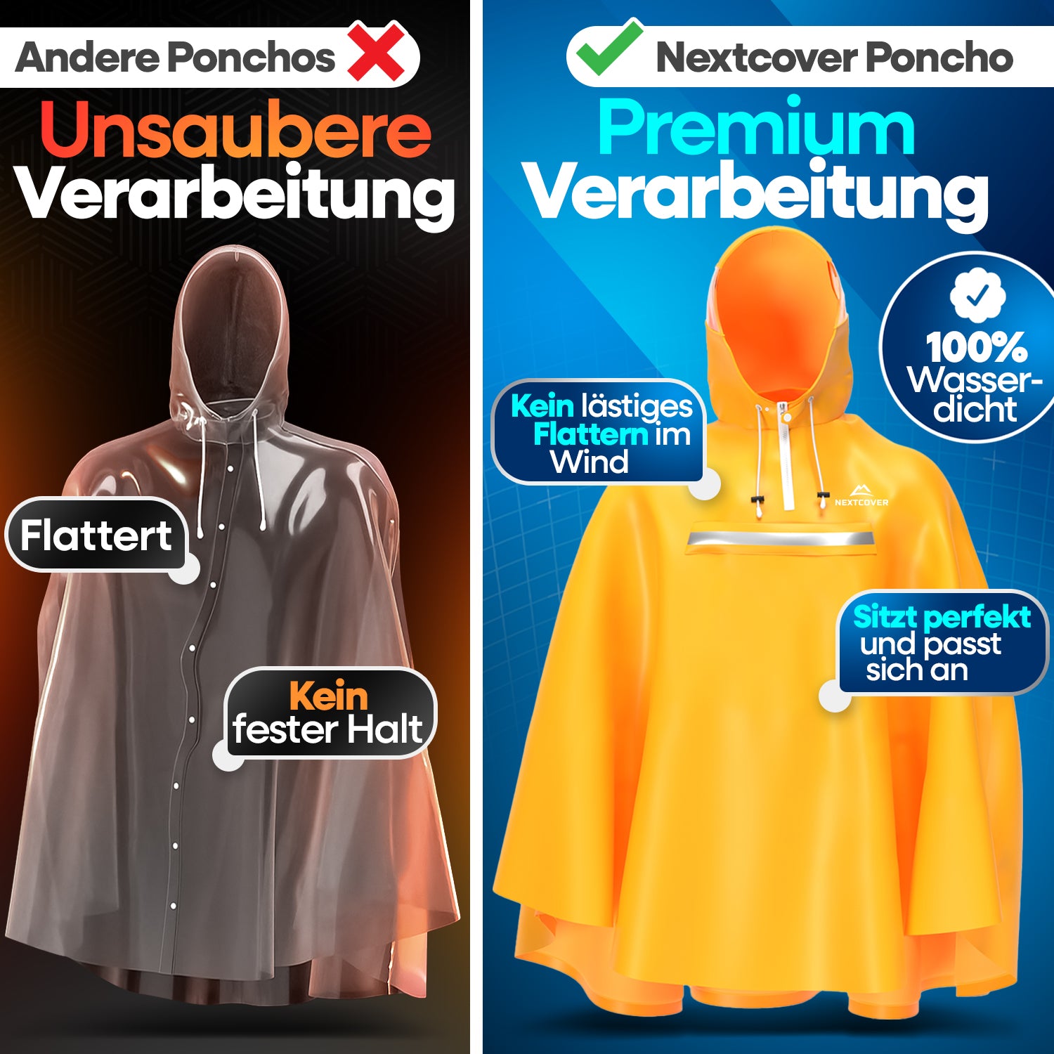 Vergleich eines minderwertigen, flatternden Ponchos (links) mit dem hochwertigen Nextcover Regenponcho (rechts) in Premium-Verarbeitung, 100 % wasserdicht und optimalem Sitz ohne Flattern.