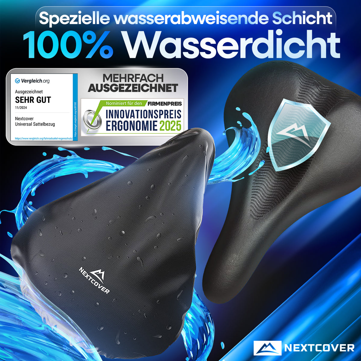 Nextcover Sattelüberzug mit spezieller wasserabweisender Schicht, 100 % wasserdicht, mehrfach ausgezeichnet (z. B. „Sehr Gut“) und nominiert für den Innovationspreis Ergonomie 2025.