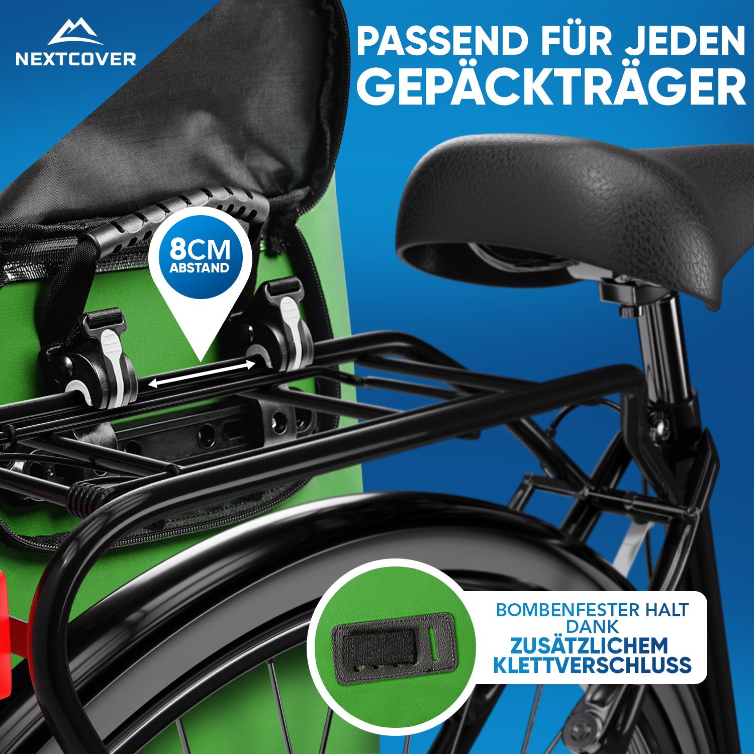 Nextcover Fahrradtasche mit verstellbarer Aufhängung (8 cm Abstand) und zusätzlichem Klettverschluss, passend für jeden Gepäckträger und sicheren Halt beim Fahren.