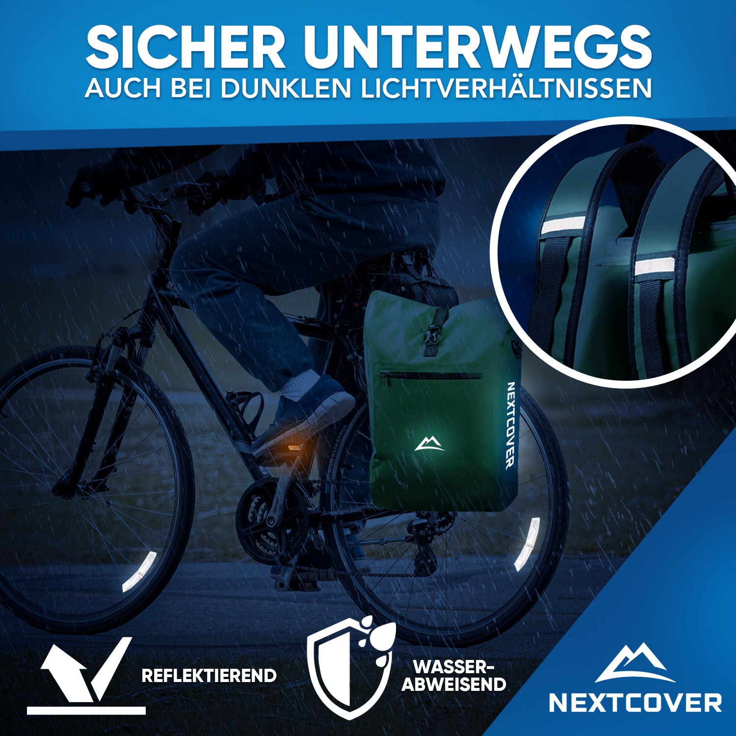 Fahrradfahrer mit wasserabweisendem Nextcover Rucksack und reflektierenden Details für erhöhte Sichtbarkeit und Sicherheit bei Dunkelheit.