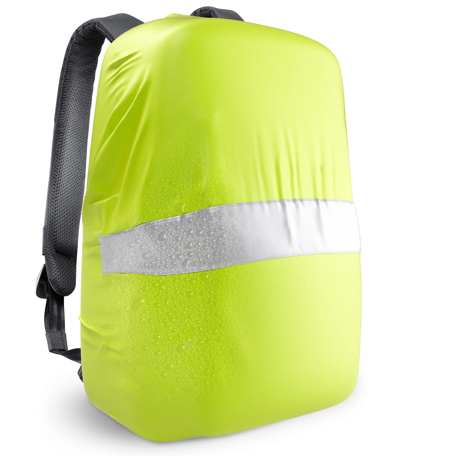 Nextcover Rucksack-Regenhülle in leuchtendem Neon-Gelb, wasserdicht und mit reflektierendem Streifen für erhöhte Sichtbarkeit und Schutz bei Regen.