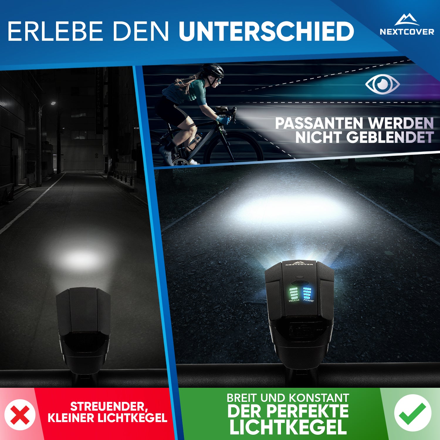 Vergleich zwischen herkömmlicher Beleuchtung (links) mit engem Lichtkegel und dem Nextcover LED-Fahrradlicht (rechts) mit breiter, gleichmäßiger Ausleuchtung, bei der Passanten nicht geblendet werden.