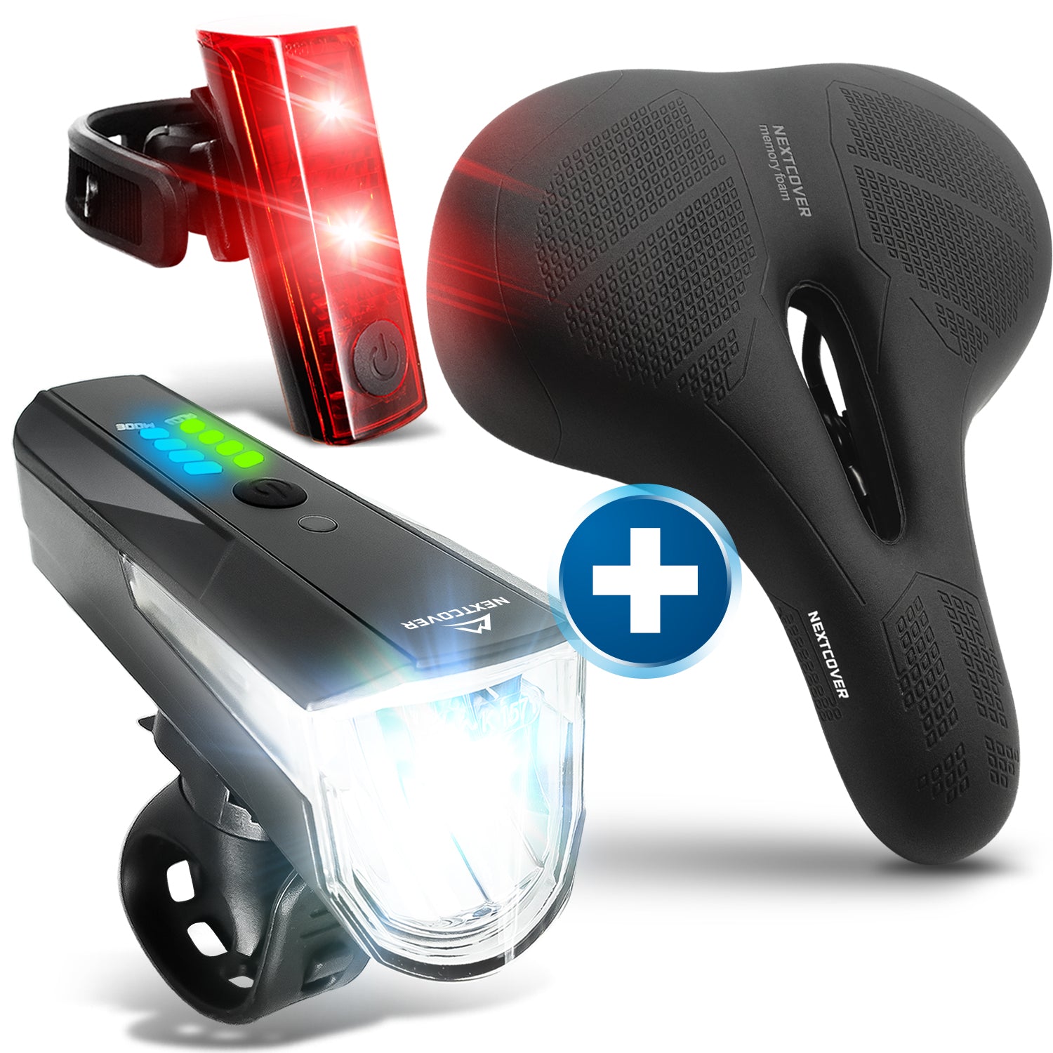 Nextcover Kombi-Set mit ergonomischem Memory-Foam-Fahrradsattel und LED-Fahrradlicht-Set (Front- und Rücklicht), USB-aufladbar und StVZO-konform für optimalen Komfort und Sicherheit beim Radfahren.