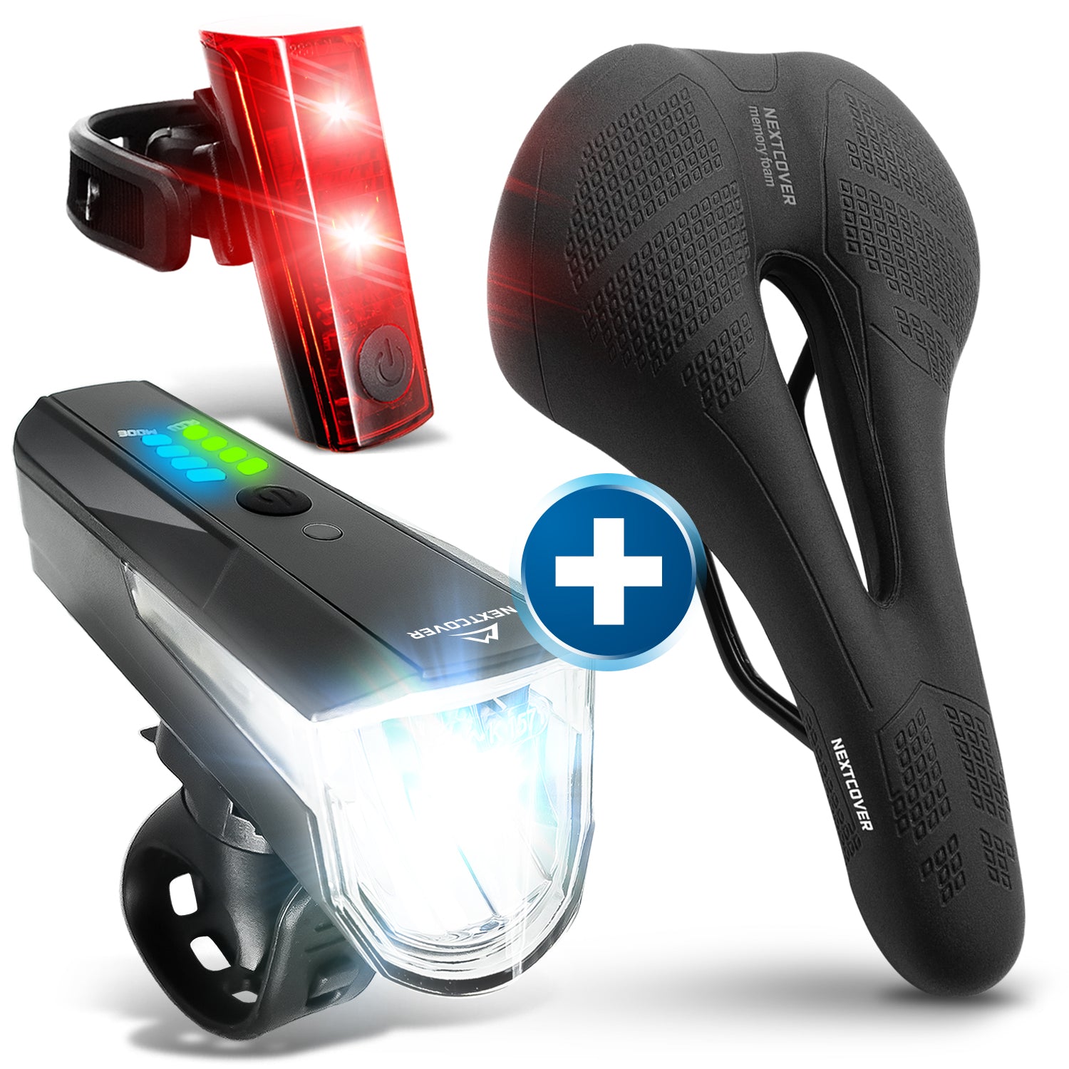 Nextcover Kombi-Set mit ergonomischem Memory-Foam-Fahrradsattel und LED-Fahrradlicht-Set (Front- und Rücklicht), USB-aufladbar und StVZO-konform für optimalen Komfort und Sicherheit beim Radfahren.