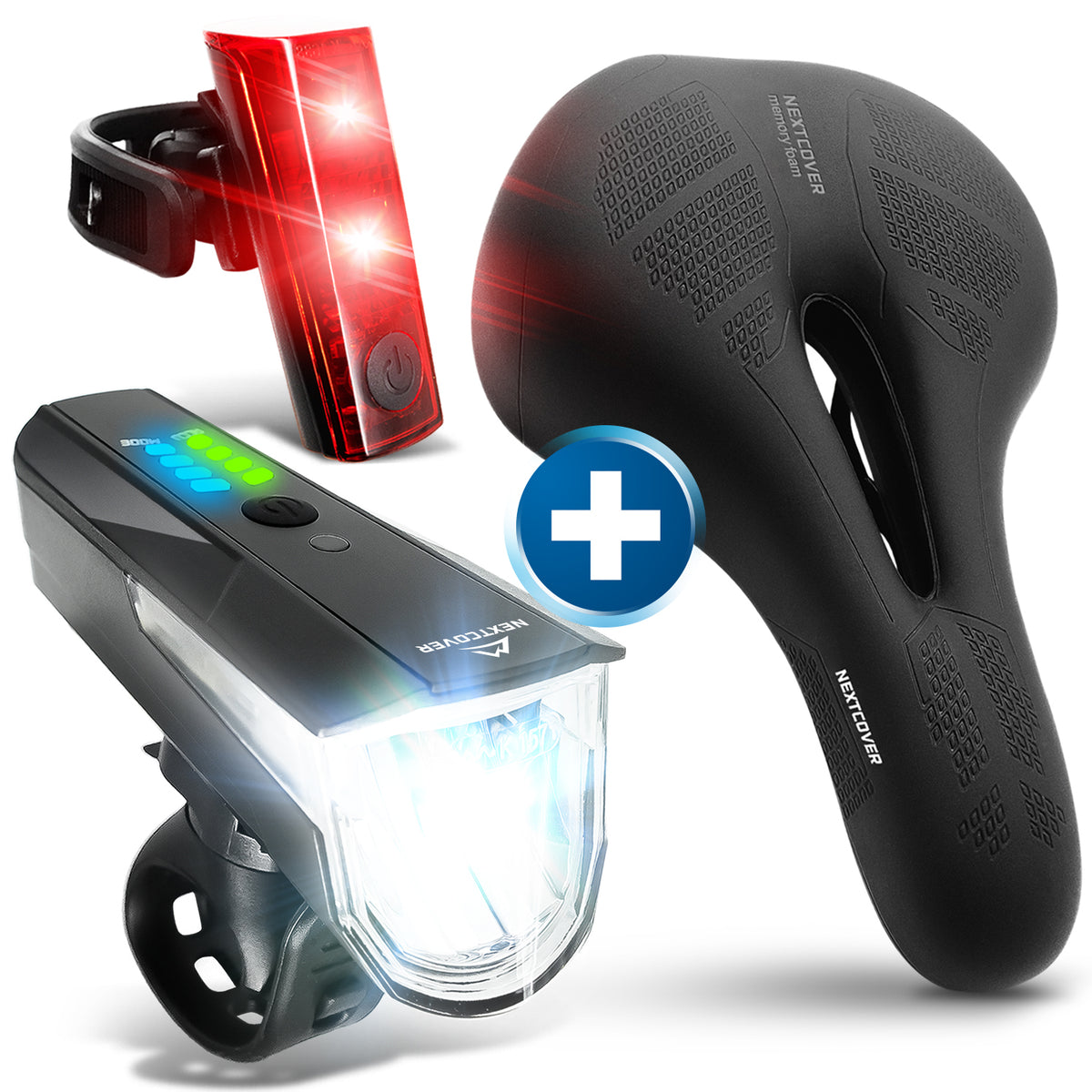 Nextcover Kombi-Set mit ergonomischem Memory-Foam-Fahrradsattel und LED-Fahrradlicht-Set (Front- und Rücklicht), USB-aufladbar und StVZO-konform für optimalen Komfort und Sicherheit beim Radfahren.