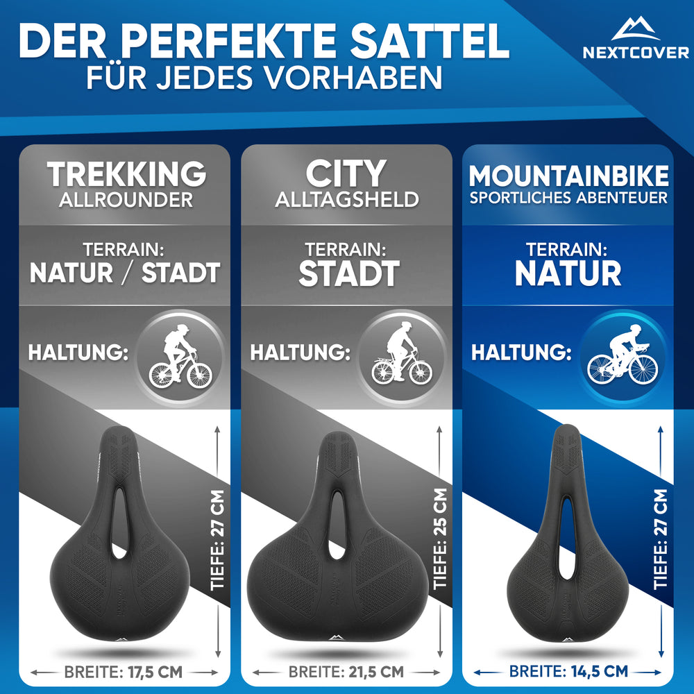 Nextcover Fahrradsattel-Größenvergleich (Trekking, City und Mountainbike) mit jeweils optimaler Breite und Tiefe für Natur-, Stadt- und Offroad-Strecken sowie bequemer Sitzhaltung.