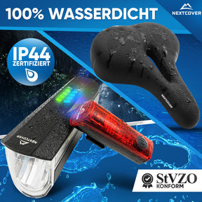 Nextcover Kombi-Set mit wasserdichtem (IP44-zertifiziertem) LED-Fahrradlicht (Front- und Rücklicht, StVZO-konform) und Memory-Foam-Fahrradsattel für maximalen Komfort und Sicherheit bei jedem Wetter.