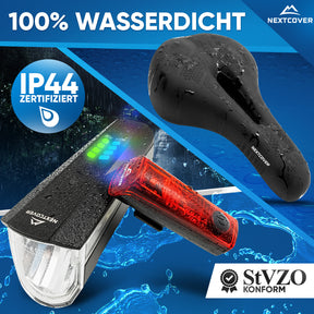 Nextcover Kombi-Set mit wasserdichtem (IP44-zertifiziertem) LED-Fahrradlicht (Front- und Rücklicht, StVZO-konform) und Memory-Foam-Fahrradsattel für maximalen Komfort und Sicherheit bei jedem Wetter.