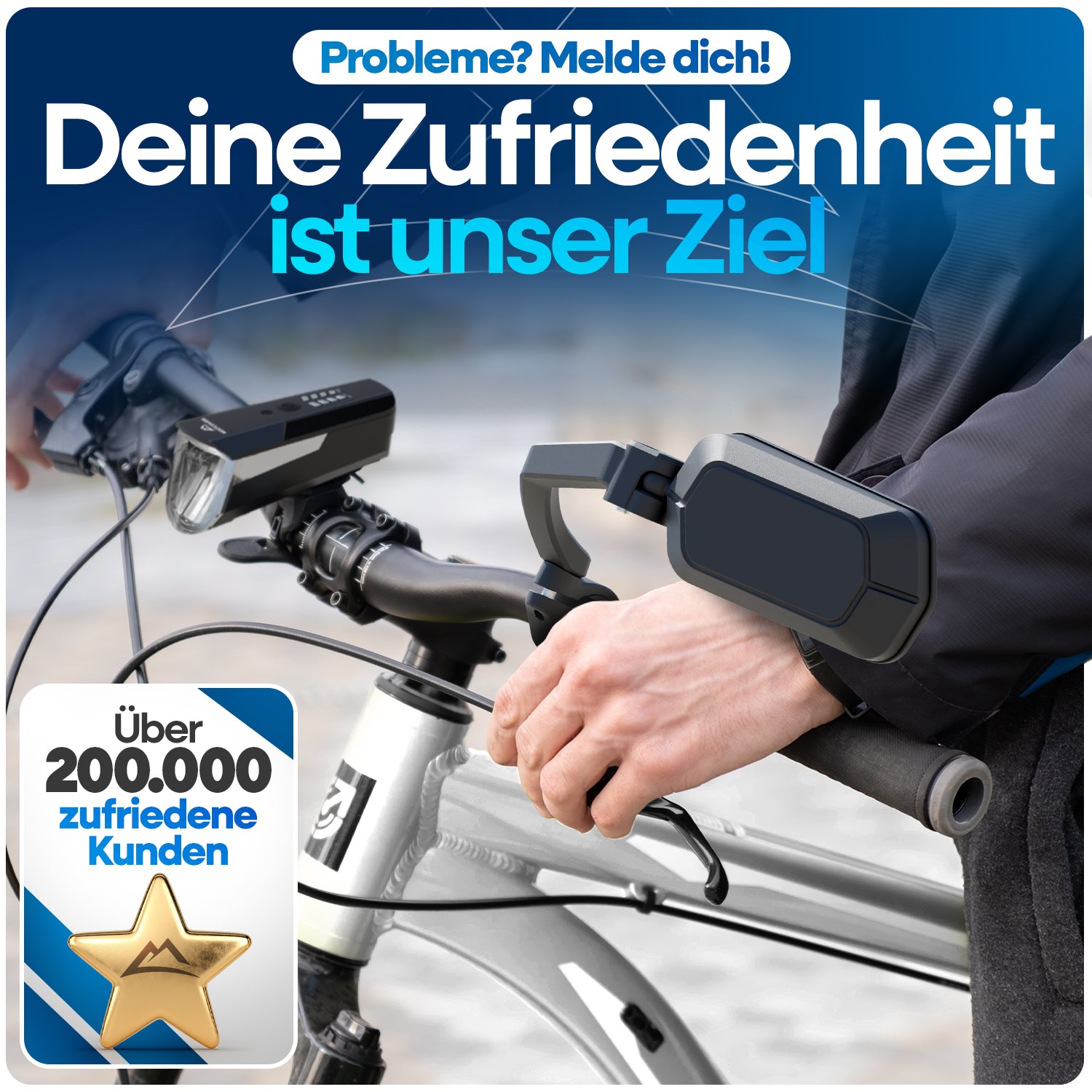 Nextcover Fahrradspiegel am Lenker, mit dem Versprechen „Deine Zufriedenheit ist unser Ziel“, vertraut von über 200.000 zufriedenen Kunden für sichere Rundumsicht.