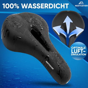 Schwarzer Nextcover Fahrradsattel, 100 % wasserdicht mit optimaler Luftzirkulation für trockenen und bequemen Fahrkomfort.