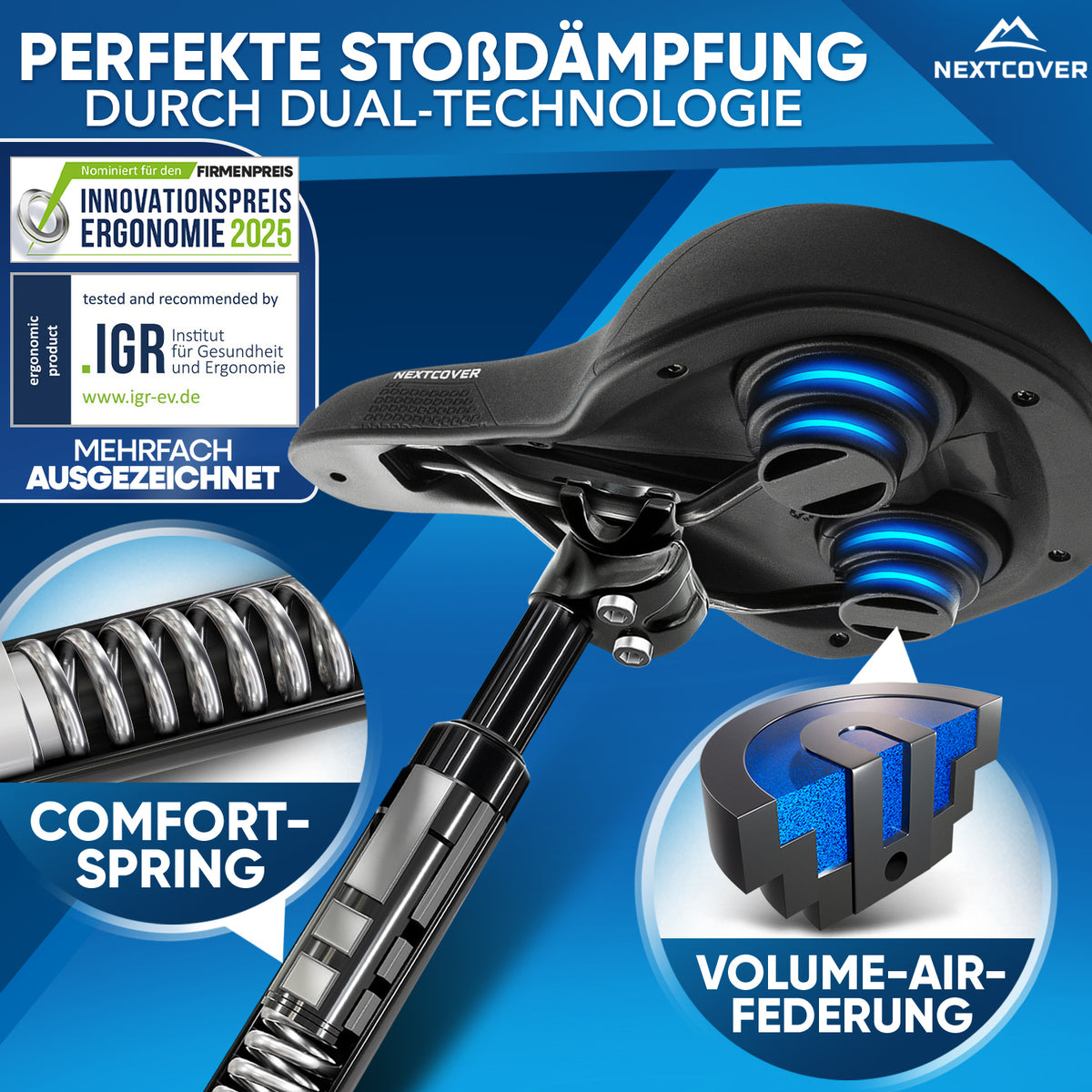 Nextcover Fahrradsattel und Sattelstütze mit Dual-Technologie (Comfort-Spring & Volume-Air-Federung) für perfekte Stoßdämpfung, nominiert für den Innovationspreis Ergonomie 2025 und mehrfach ausgezeichnet durch das IGR