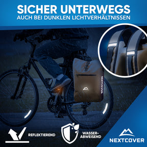 Fahrradfahrer mit wasserabweisendem Nextcover Rucksack und reflektierenden Details für erhöhte Sichtbarkeit und Sicherheit bei Dunkelheit.