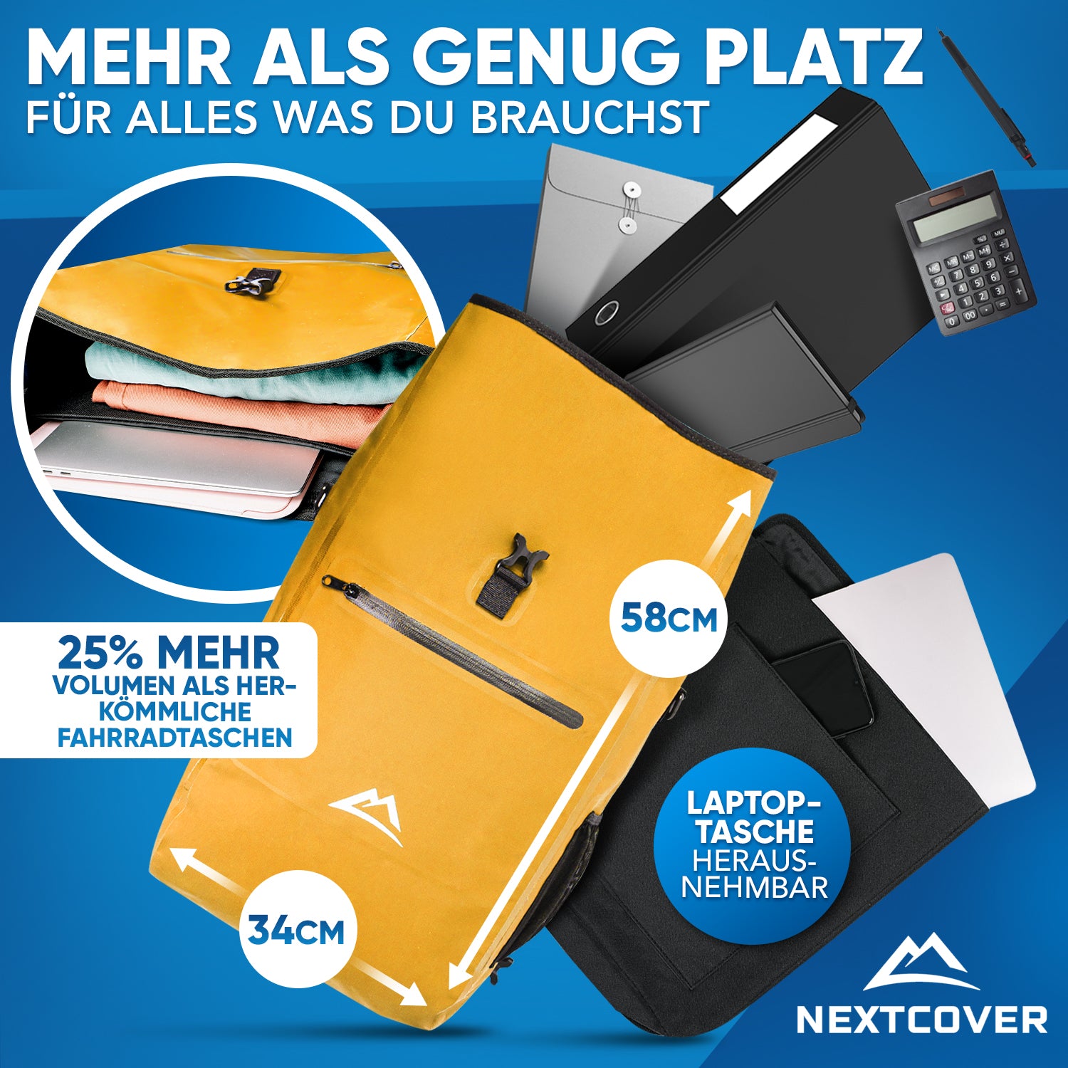 Geräumiger Nextcover Rolltop-Rucksack (58 cm × 34 cm) mit herausnehmbarer Laptoptasche, ideal für Kleidung, Ordner und Zubehör.