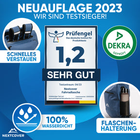 Nextcover Fahrradtasche (3-in-1) in der Neuauflage 2023, ausgezeichnet mit der Prüfengel-Bestnote 1,2 („Sehr Gut“), DEKRA-geprüft, 100 % wasserdicht, mit praktischer Flaschenhalterung und schnellem Verstauen.