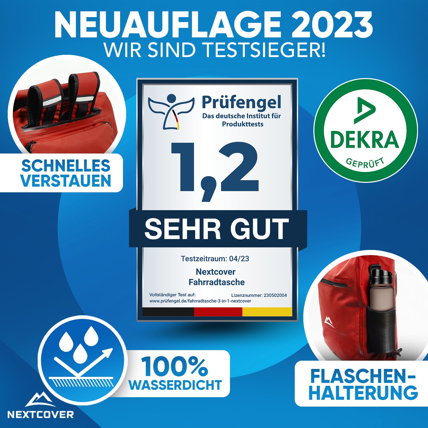 Nextcover Fahrradtasche (3-in-1) in der Neuauflage 2023, ausgezeichnet mit der Prüfengel-Bestnote 1,2 („Sehr Gut“), DEKRA-geprüft, 100 % wasserdicht, mit praktischer Flaschenhalterung und schnellem Verstauen.