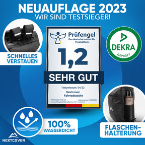 Nextcover Fahrradtasche (3-in-1) in der Neuauflage 2023, ausgezeichnet mit der Prüfengel-Bestnote 1,2 („Sehr Gut“), DEKRA-geprüft, 100 % wasserdicht, mit praktischer Flaschenhalterung und schnellem Verstauen.