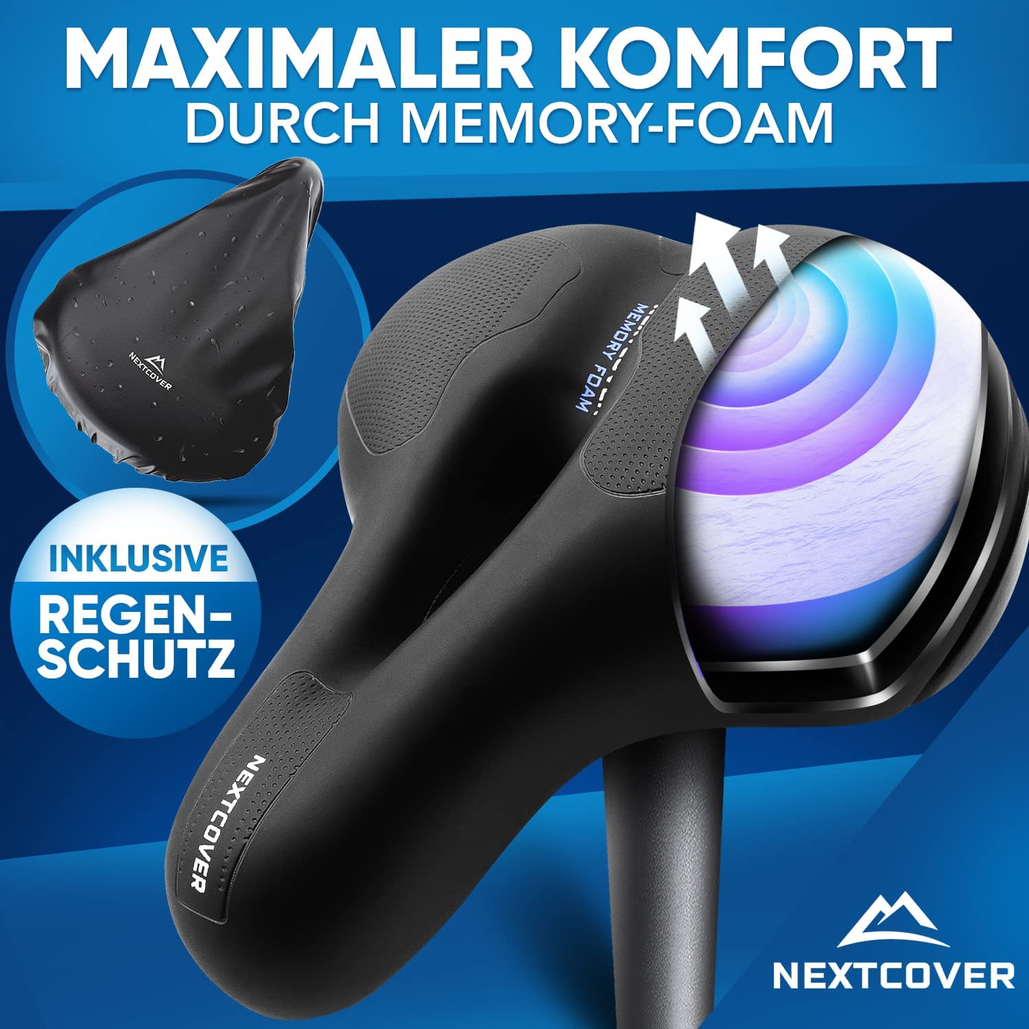 Nextcover Airflow Fahrradsattel mit Memory-Foam, ergonomischer Aussparung und integriertem Belüftungskanal, inklusive Regenschutz für maximalen Komfort.