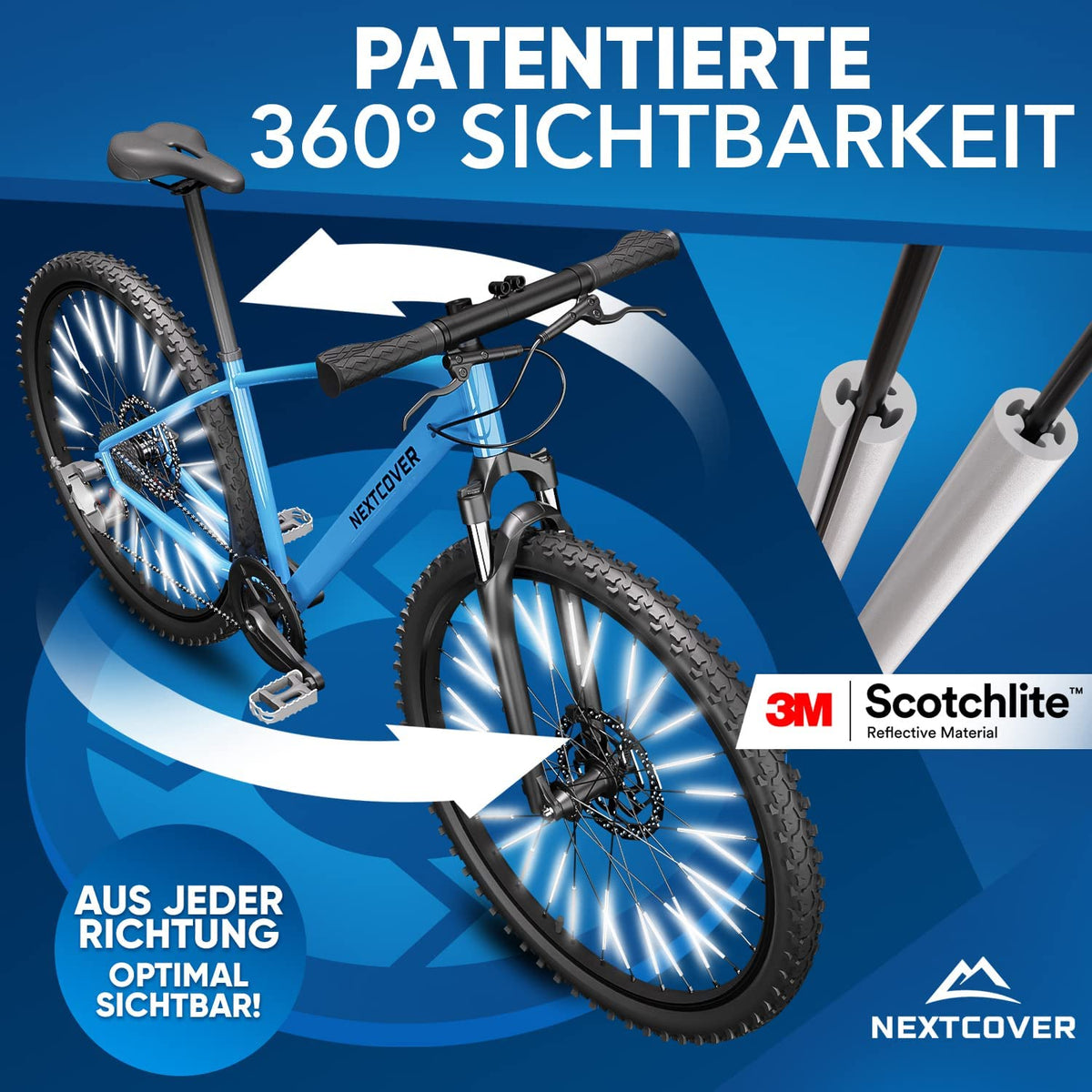 Nextcover Speichenreflektoren mit patentierter 360°-Sichtbarkeit und 3M Scotchlite Reflective Material, montiert an einem blauen Mountainbike für optimale Rundumsicht und Sicherheit.