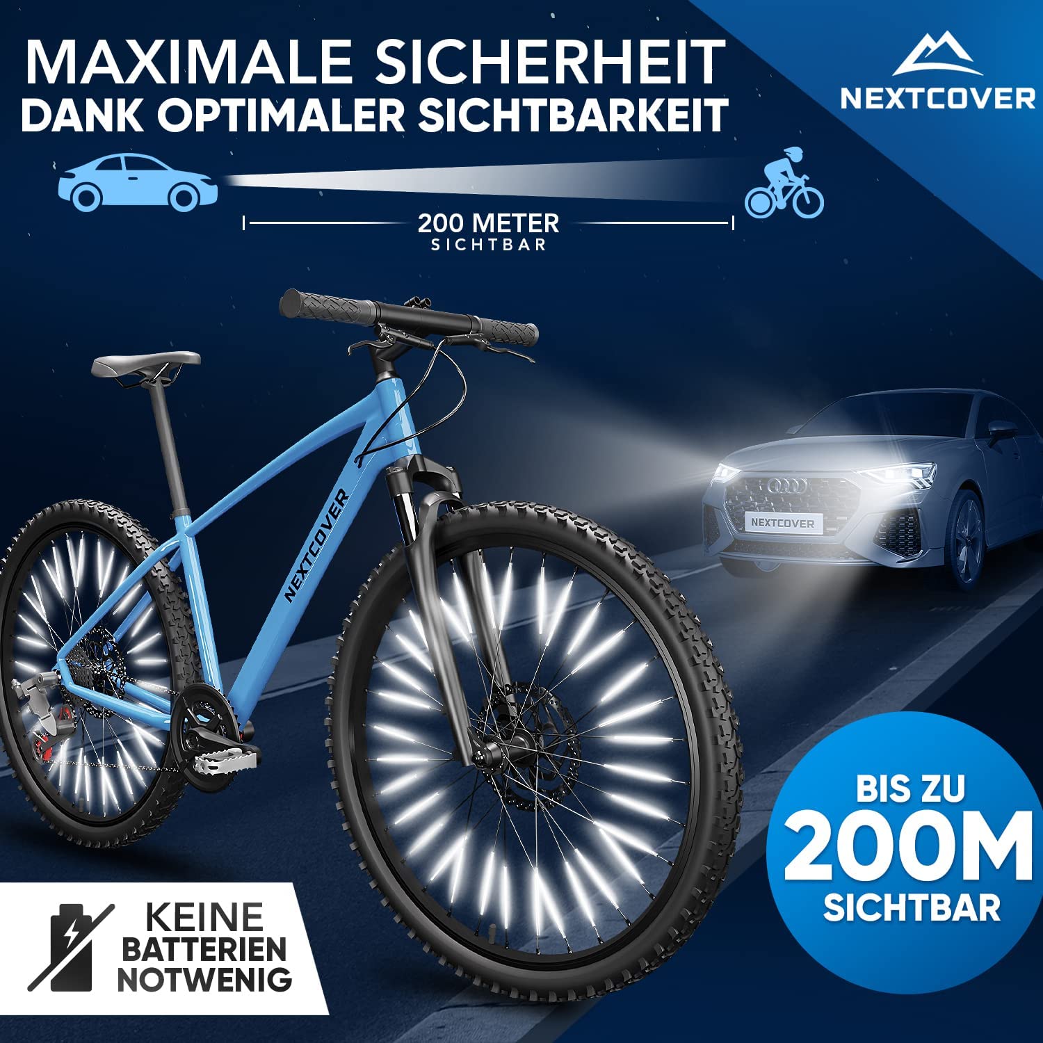 Nextcover Speichenreflektoren an einem blauen Mountainbike, bis zu 200 m sichtbar und ohne Batterien, für maximale Sicherheit im Straßenverkehr.