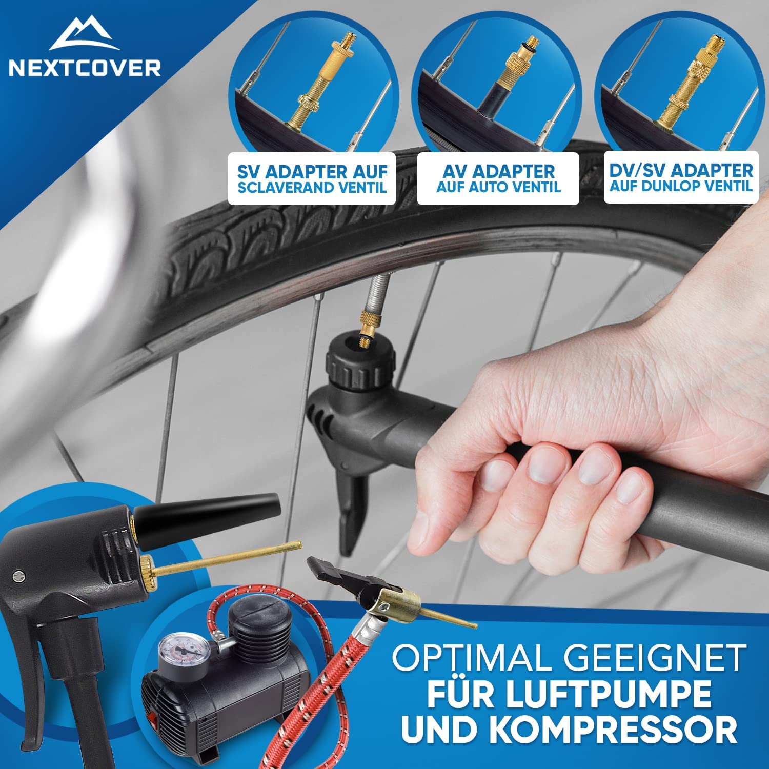 Nextcover Universal-Ventiladapter-Set, kompatibel mit Sclaverand (SV), Auto (AV) und Dunlop (DV) Ventilen, im Einsatz mit einer Luftpumpe und Kompressor für vielseitige Luftbefüllungen.