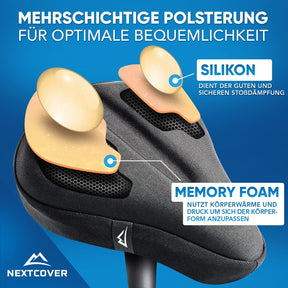 Nextcover Gel-Sattelüberzug mit mehrschichtiger Polsterung aus Memory Foam und Silikon, für erstklassige Stoßdämpfung und maximalen Fahrkomfort.