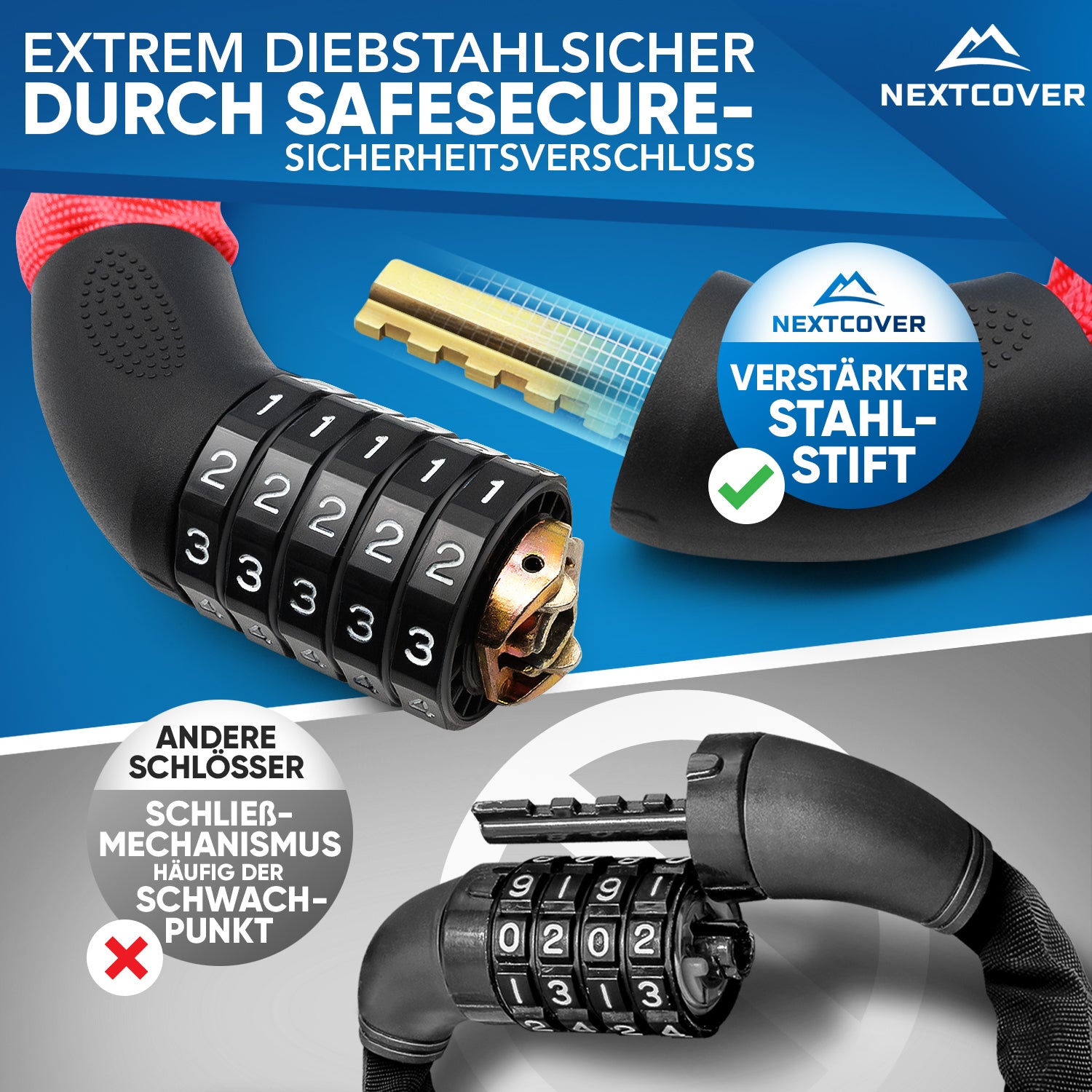 Nextcover Zahlen-Kettenschloss mit SafeSecure-Sicherheitsverschluss, verstärktem Stahlstift und robustem Textilschutz, extrem diebstahlsicher im Vergleich zu herkömmlichen Schlössern.