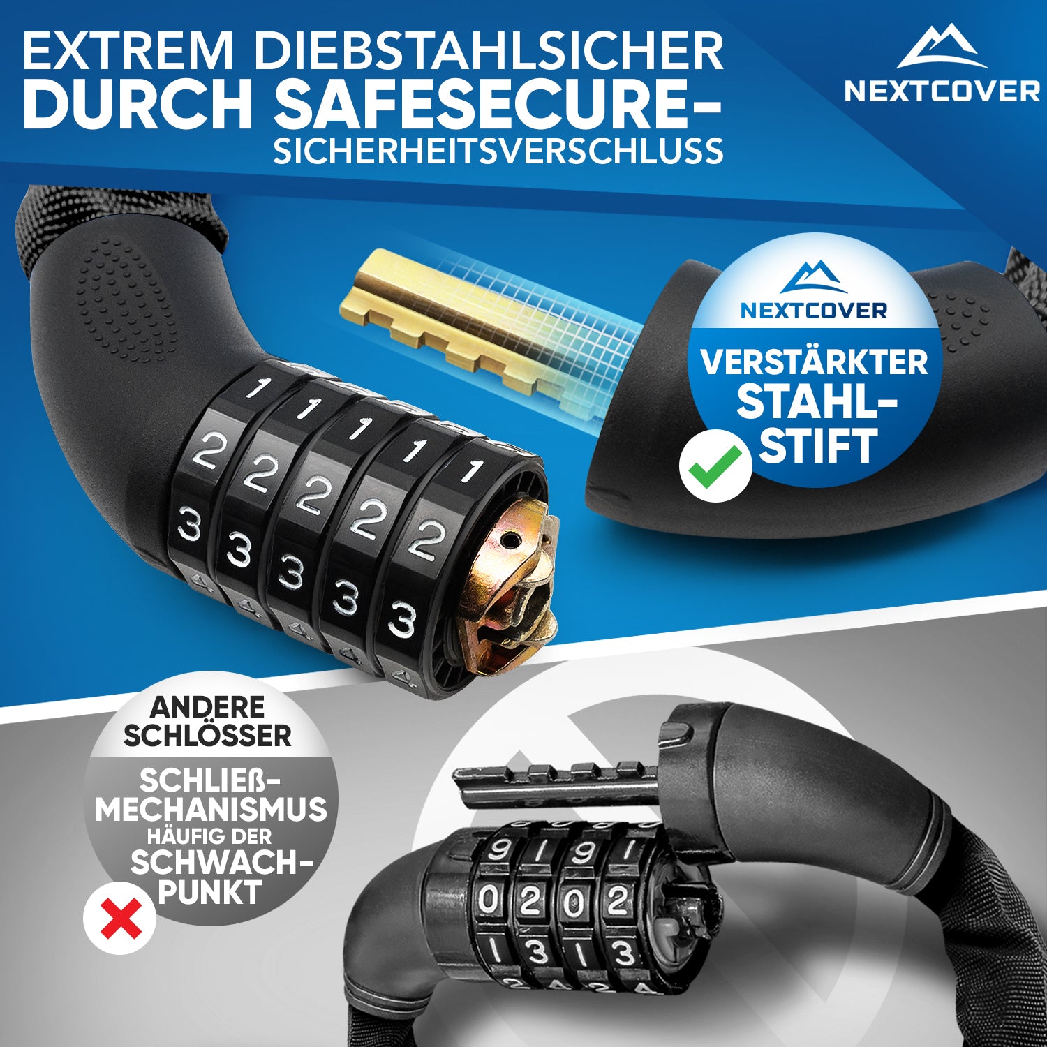 Nextcover Zahlen-Kettenschloss mit SafeSecure-Sicherheitsverschluss, verstärktem Stahlstift und robustem Textilschutz, extrem diebstahlsicher im Vergleich zu herkömmlichen Schlössern.