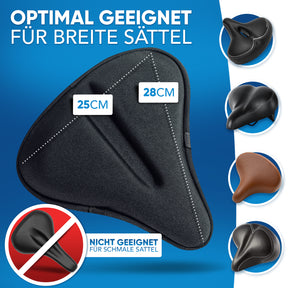 "Extra breiter, komfortabler Fahrradsattelbezug (25–28 cm) – optimal für breite Sättel, nicht geeignet für schmale Modelle."