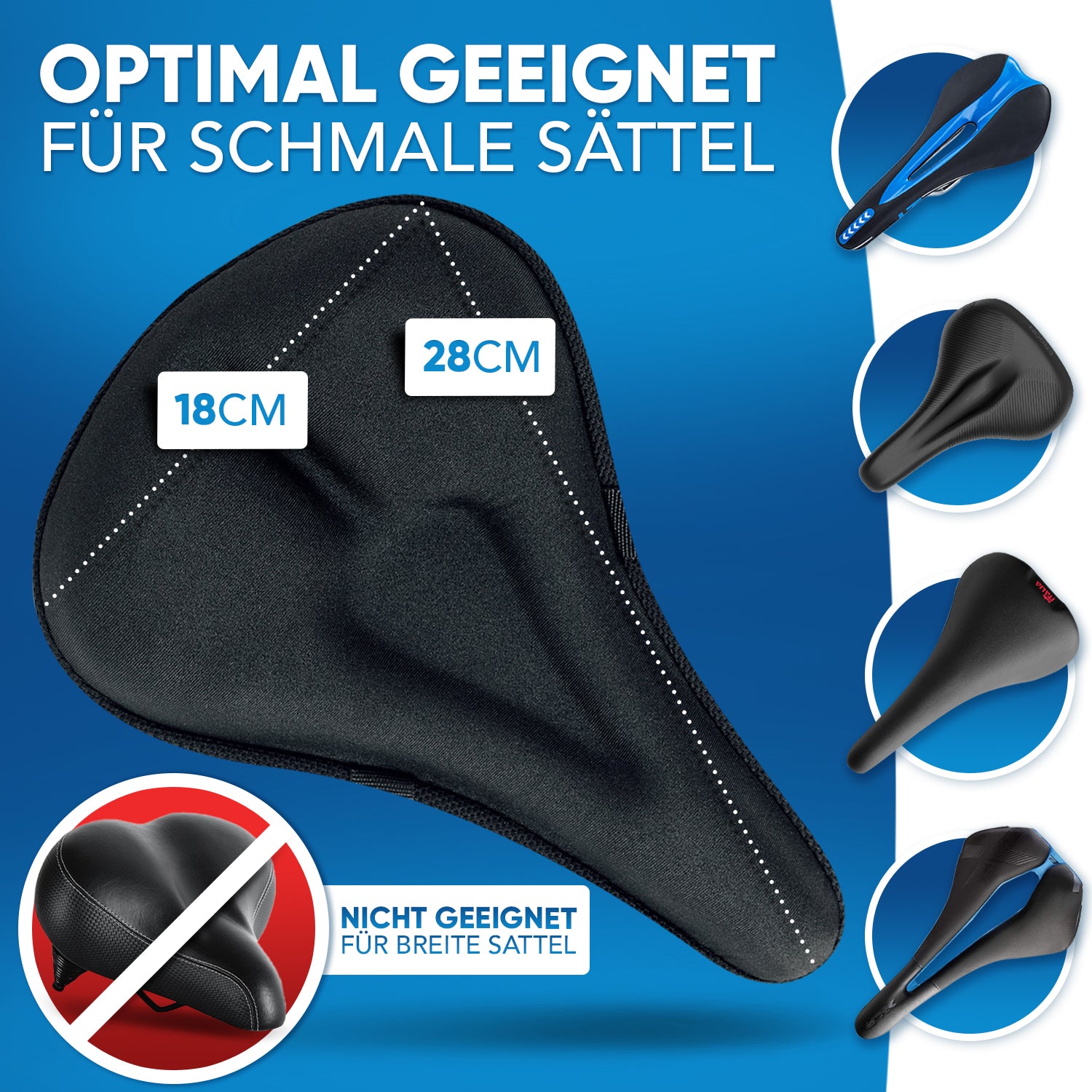 Fahrrad-Sattelbezug (18–28 cm) für schmale Sättel – sorgt für optimalen Komfort und Polsterung, nicht geeignet für breite Modelle.