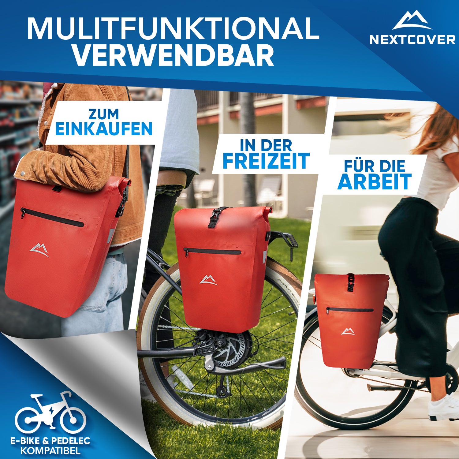 Nextcover wasserdichte Fahrradtasche, vielseitig einsetzbar für Einkauf, Freizeit und Arbeit, kompatibel mit E-Bikes und Pedelecs.