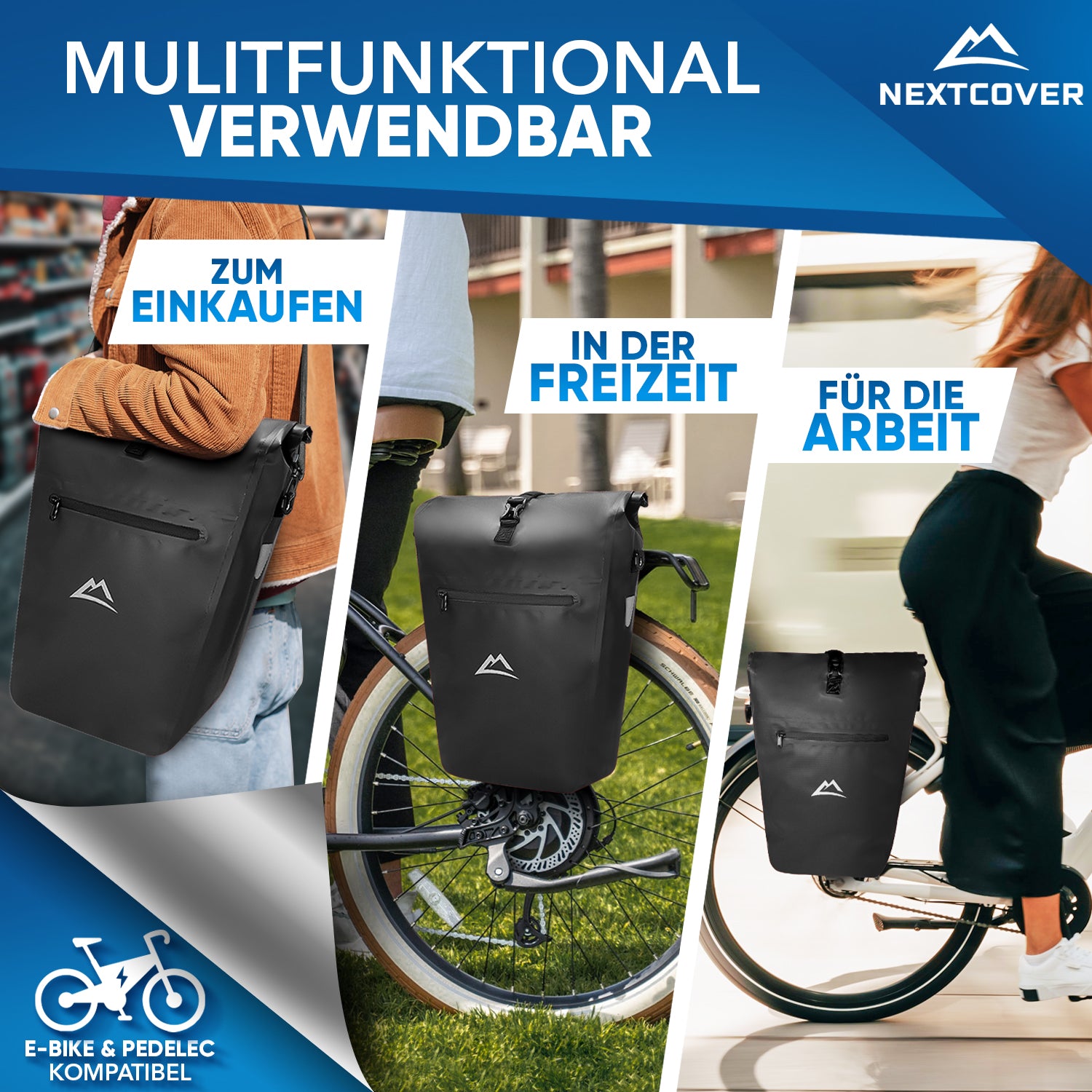 Nextcover wasserdichte Fahrradtasche, vielseitig einsetzbar für Einkauf, Freizeit und Arbeit, kompatibel mit E-Bikes und Pedelecs.