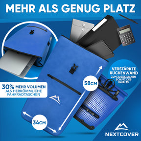 Nextcover Fahrradtasche mit 30% mehr Volumen als herkömmliche Modelle, 58 cm hoch und 34 cm breit, verstärkte Rückenwand für zusätzlichen Schutz des Inhalts.