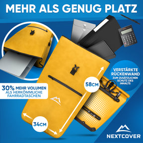 Nextcover Fahrradtasche mit 30% mehr Volumen als herkömmliche Modelle, 58 cm hoch und 34 cm breit, verstärkte Rückenwand für zusätzlichen Schutz des Inhalts.