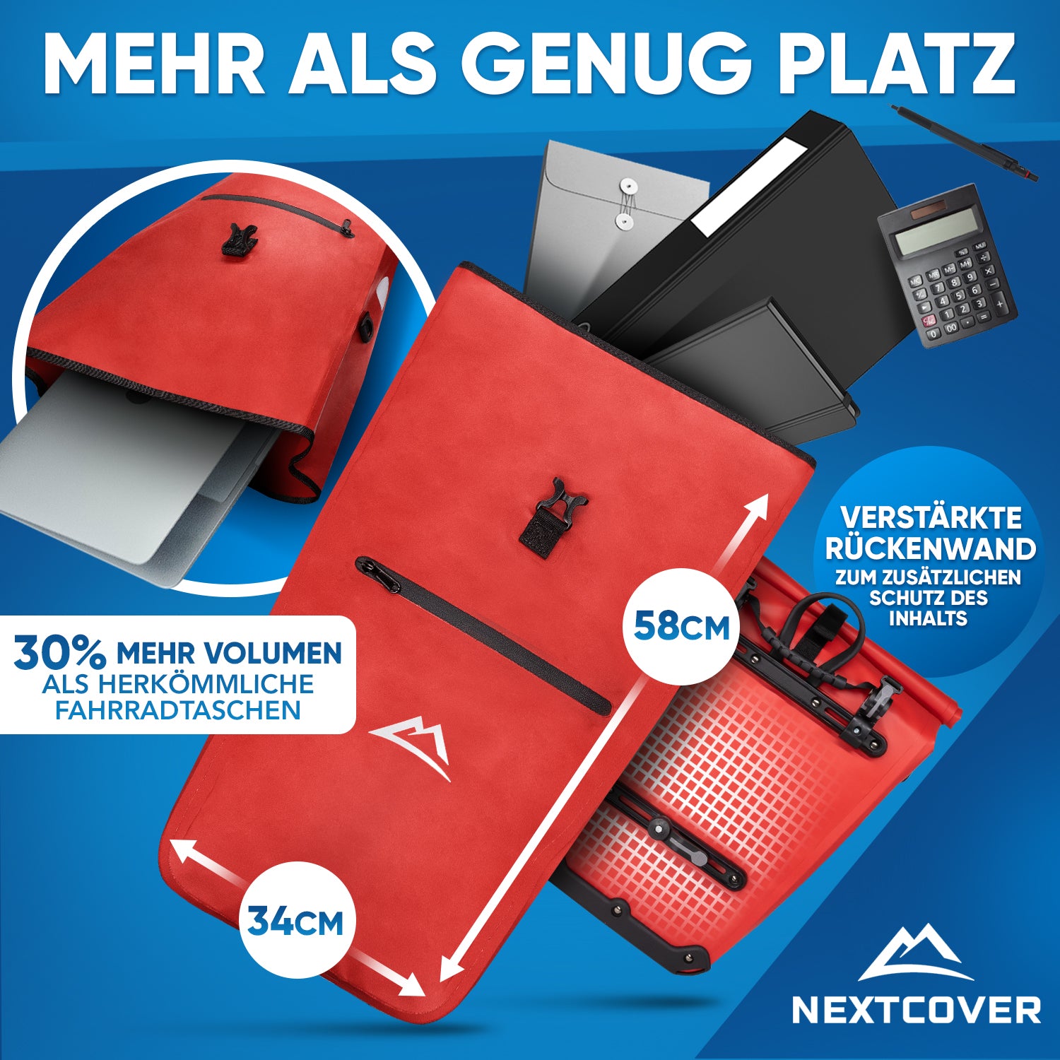 Nextcover Fahrradtasche mit 30% mehr Volumen als herkömmliche Modelle, 58 cm hoch und 34 cm breit, verstärkte Rückenwand für zusätzlichen Schutz des Inhalts.