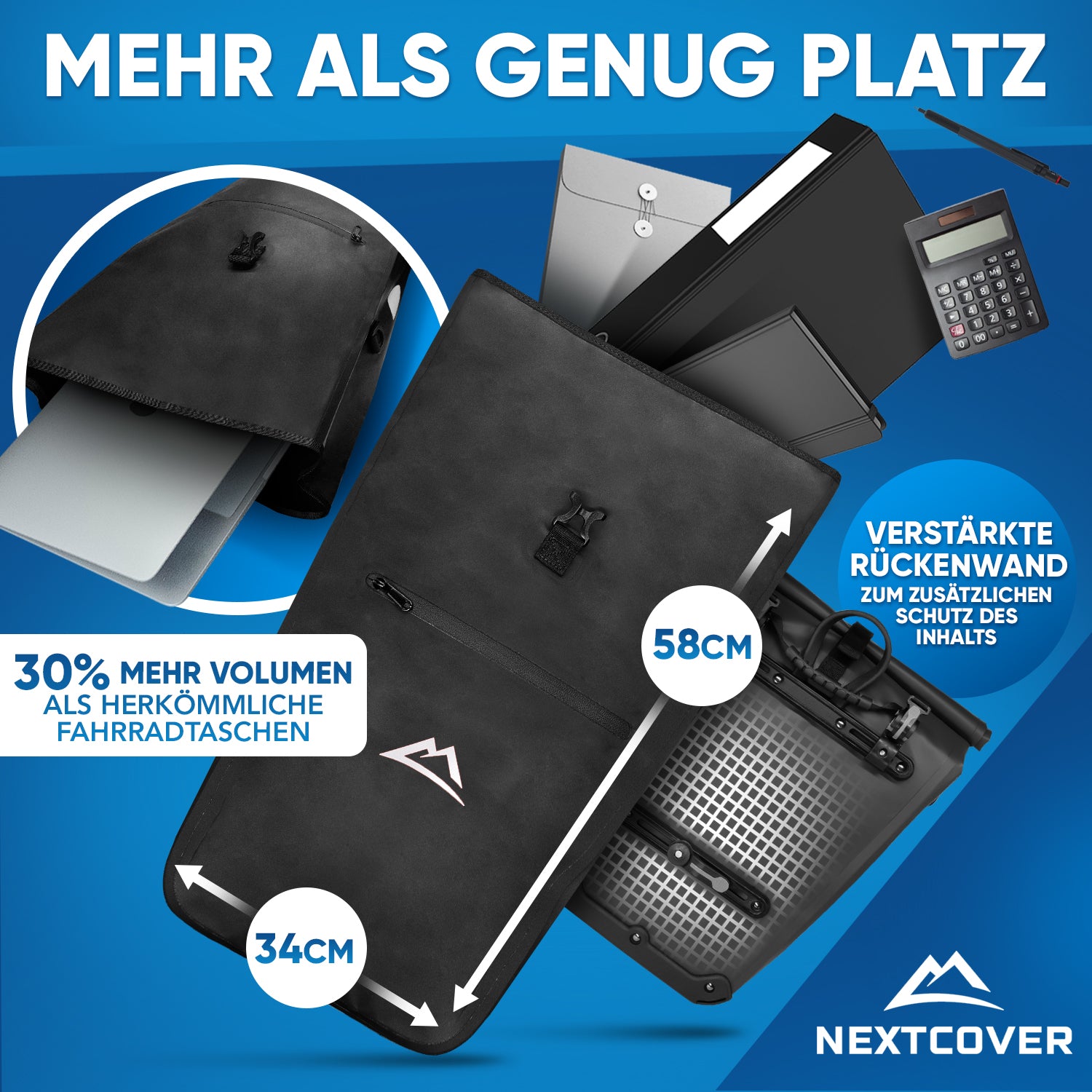 Nextcover Fahrradtasche mit 30% mehr Volumen als herkömmliche Modelle, 58 cm hoch und 34 cm breit, verstärkte Rückenwand für zusätzlichen Schutz des Inhalts.