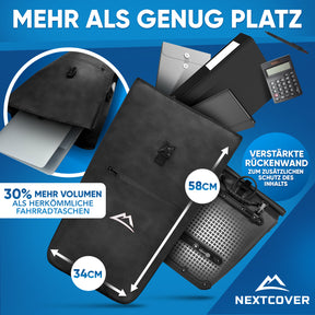 Nextcover Fahrradtasche mit 30% mehr Volumen als herkömmliche Modelle, 58 cm hoch und 34 cm breit, verstärkte Rückenwand für zusätzlichen Schutz des Inhalts.