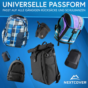 Nextcover Rucksack-Regenhülle mit universeller Passform, passend für Schulranzen, Tagesrucksäcke und Rolltops, ideal für zuverlässigen Nässeschutz.