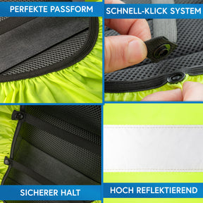 Nextcover Rucksack-Regenhülle mit perfekter Passform, Schnell-Klick-System für sicheren Halt und hochreflektierendem Streifen, dargestellt in einer Detail-Collage.